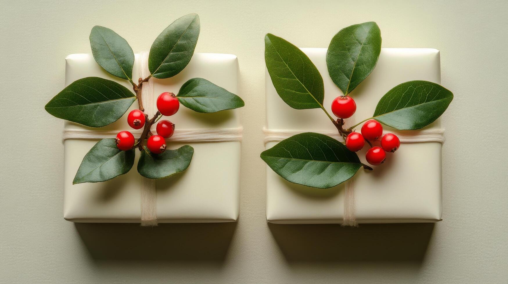 Two beautifully wrapped gifts adorned with greenery and red berries on a soft background photo