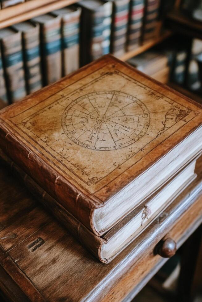A weathered book resting on a rustic table near a window, capturing timeless beauty and history photo