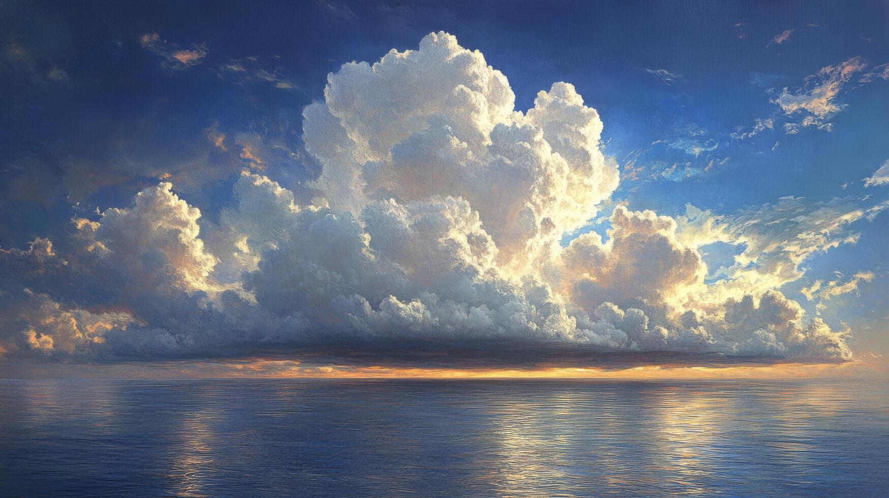Majestic storm cloud formation over a serene lake at midday, reflecting natures beauty photo