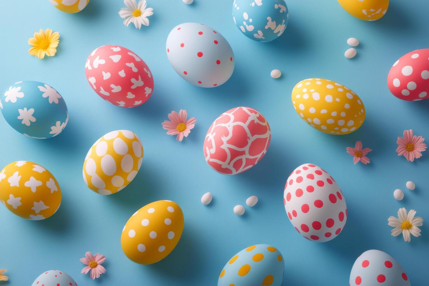 Colorful Easter eggs scattered on a blue surface during spring festivities in a cheerful setting photo