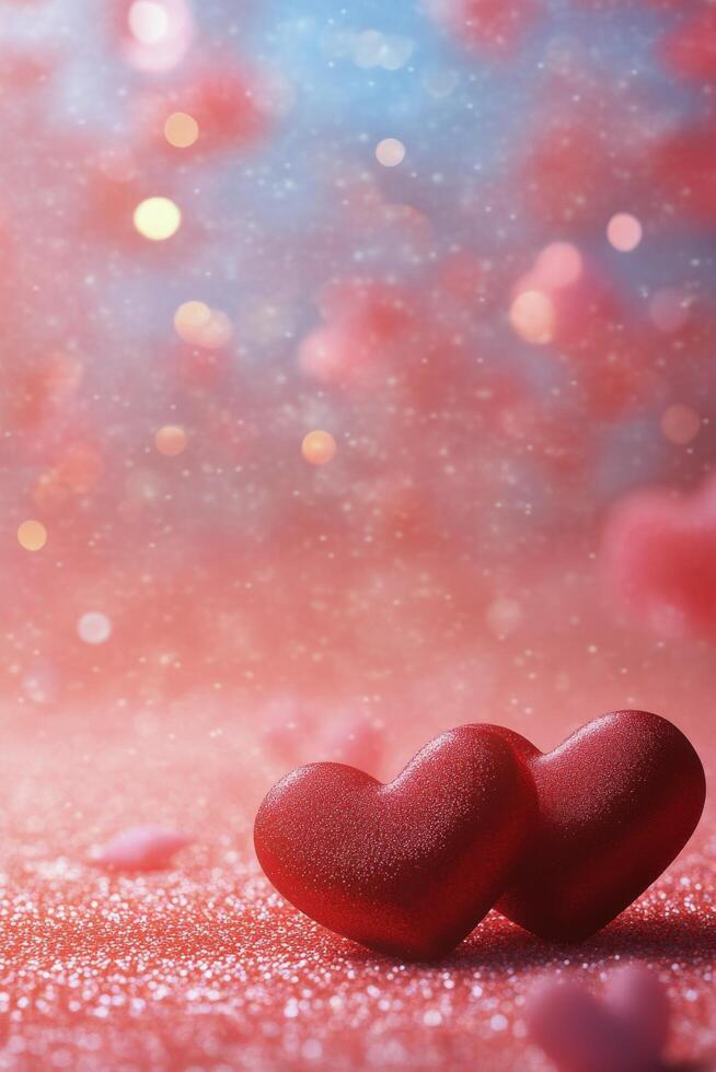 Two sparkling red hearts on a soft surface, illuminated by blurred lights in the background photo