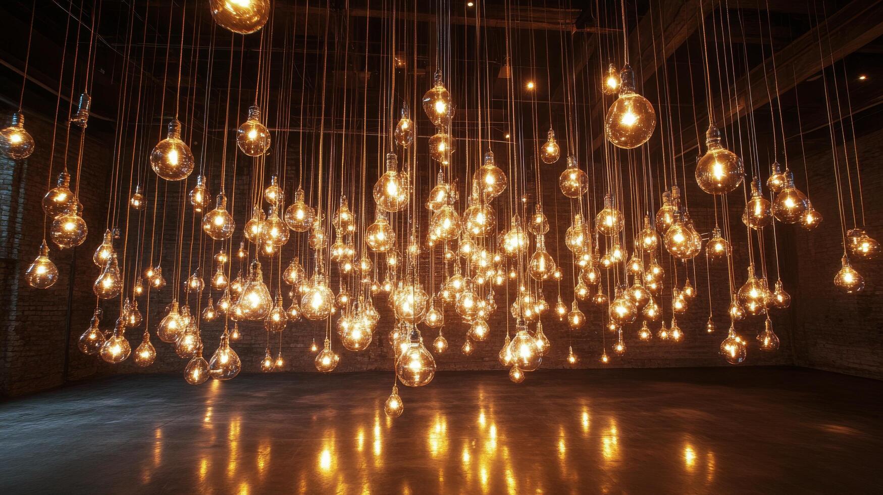 Unique installation of hanging light bulbs creating a warm glow in an industrial space at night photo