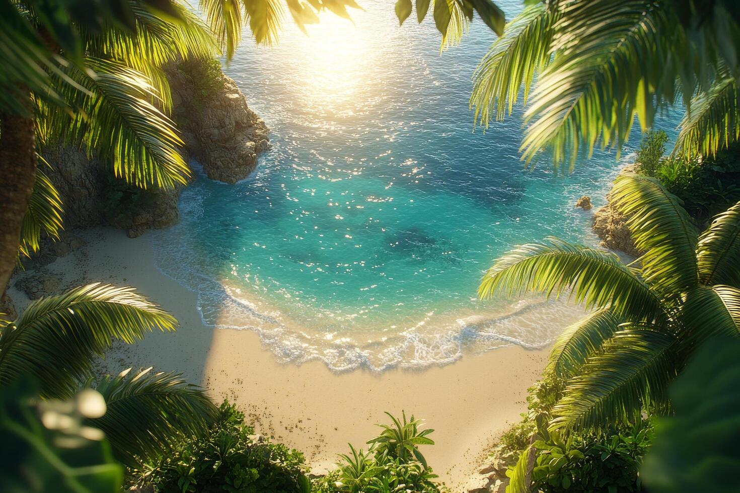 Aerial view of a secluded tropical beach surrounded by lush greenery in the afternoon sunlight photo