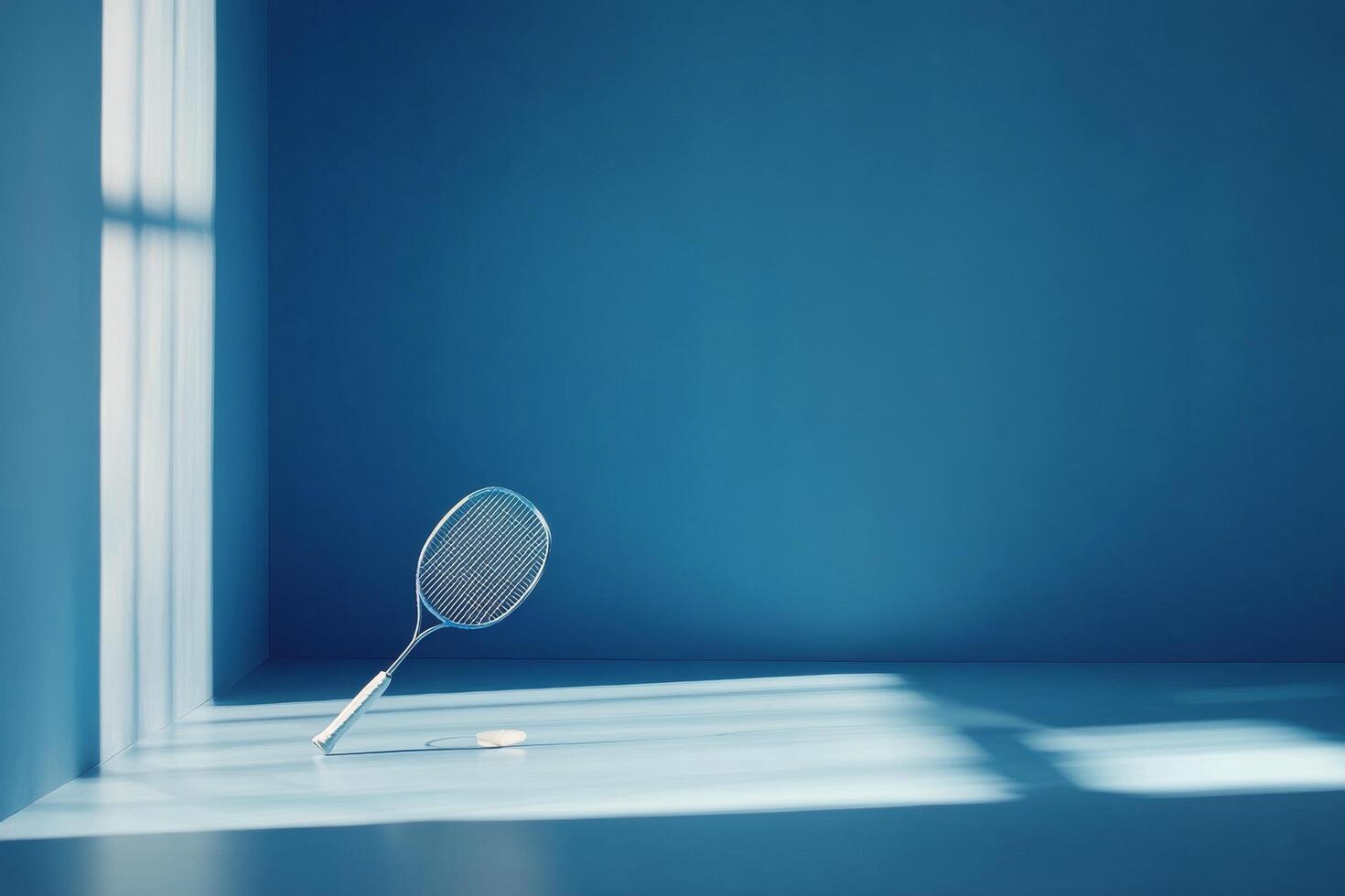 A tennis racket rests on the floor in a bright blue room with sunlight streaming through the windows photo