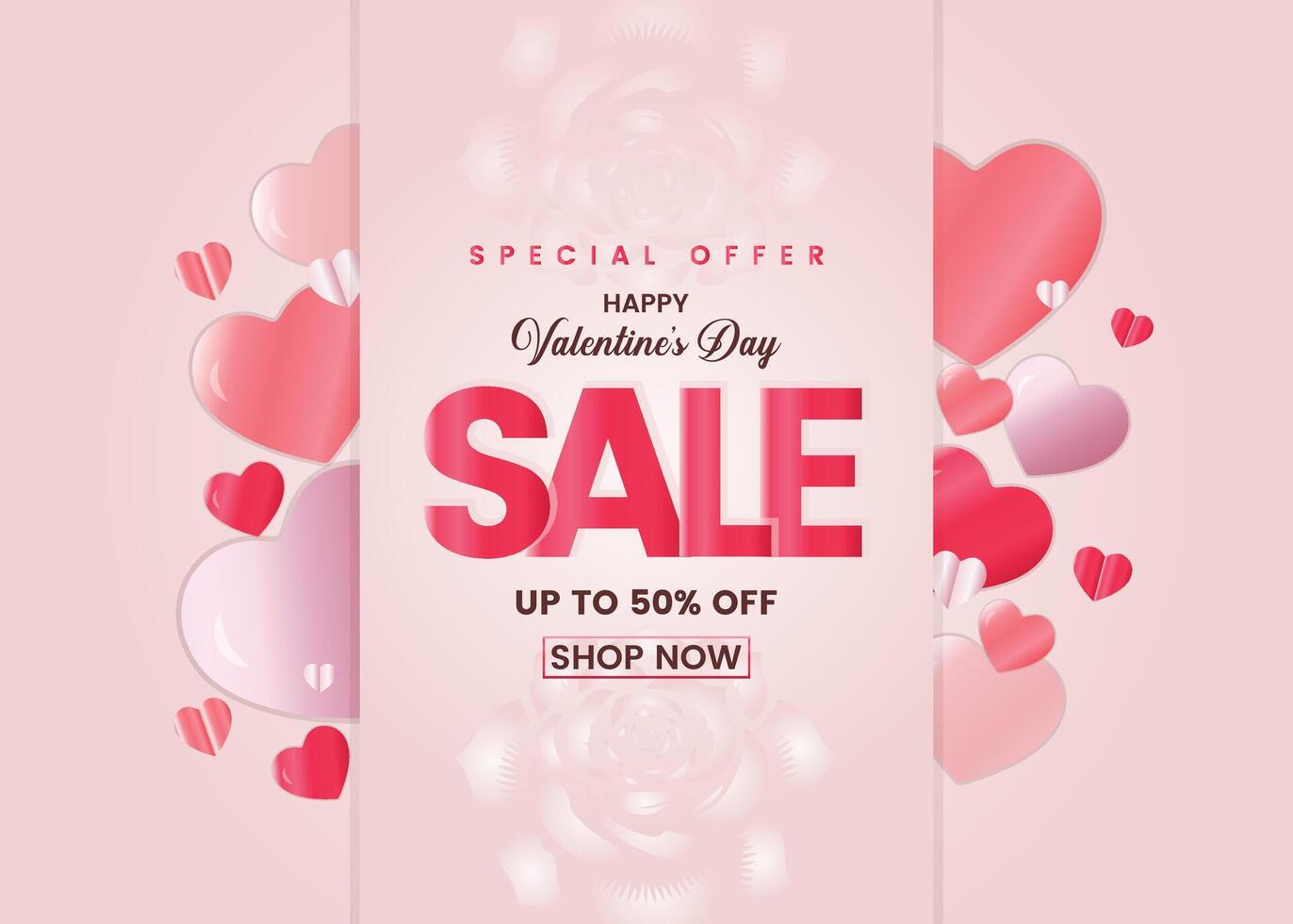 Valentine's Day Sale Banner Shiny glitter paper hearts in origami style on a pink abstract shimmer background. Perfect for February 14 flyers, posters vector