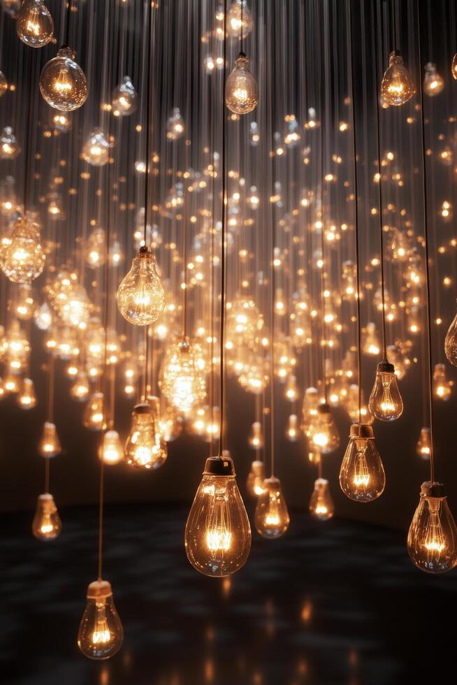 An evening at the art gallery with hanging light installations illuminating the space photo