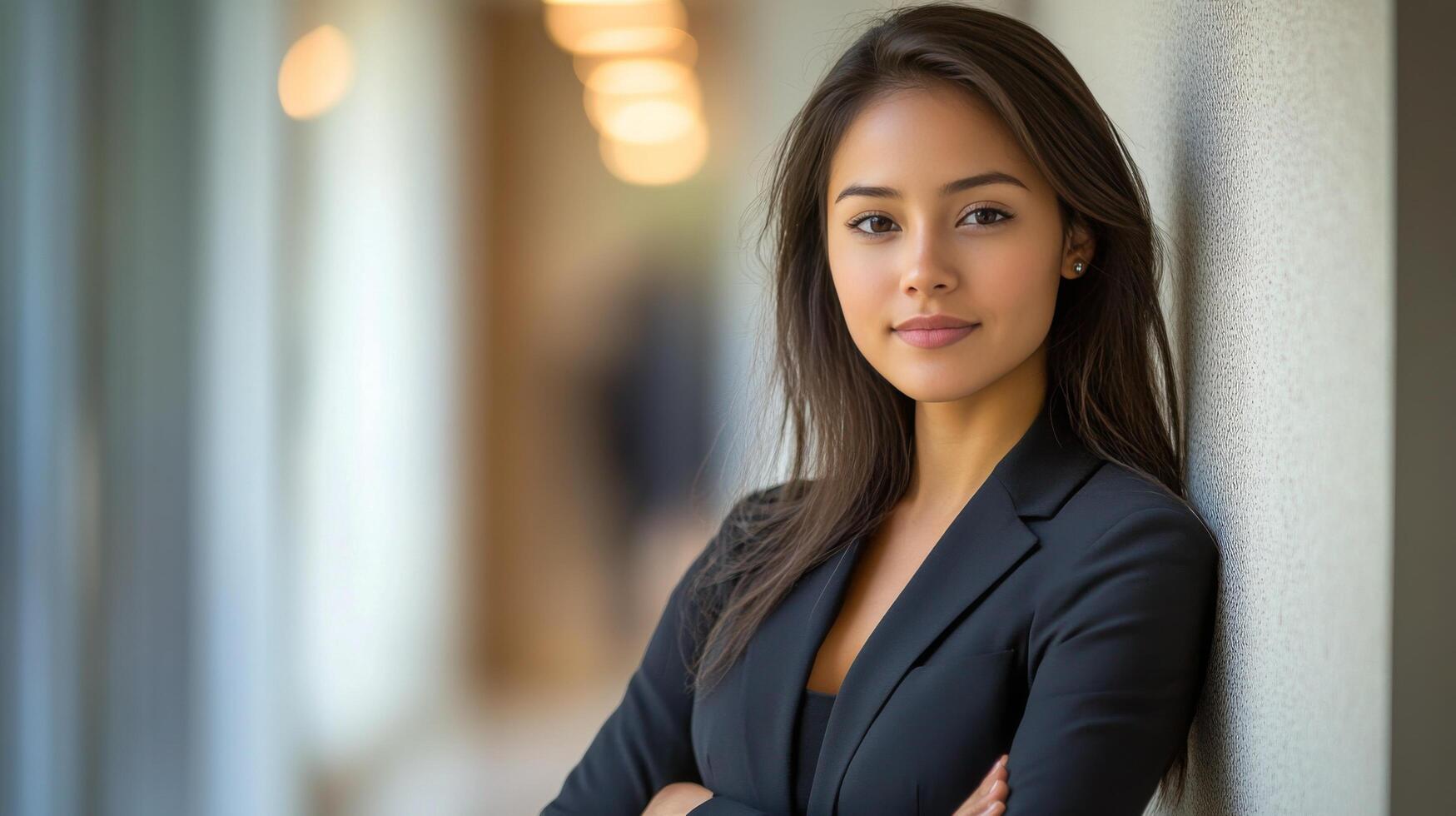 A confident young woman poses elegantly in a tailored suit against a subtle backdrop indoors photo