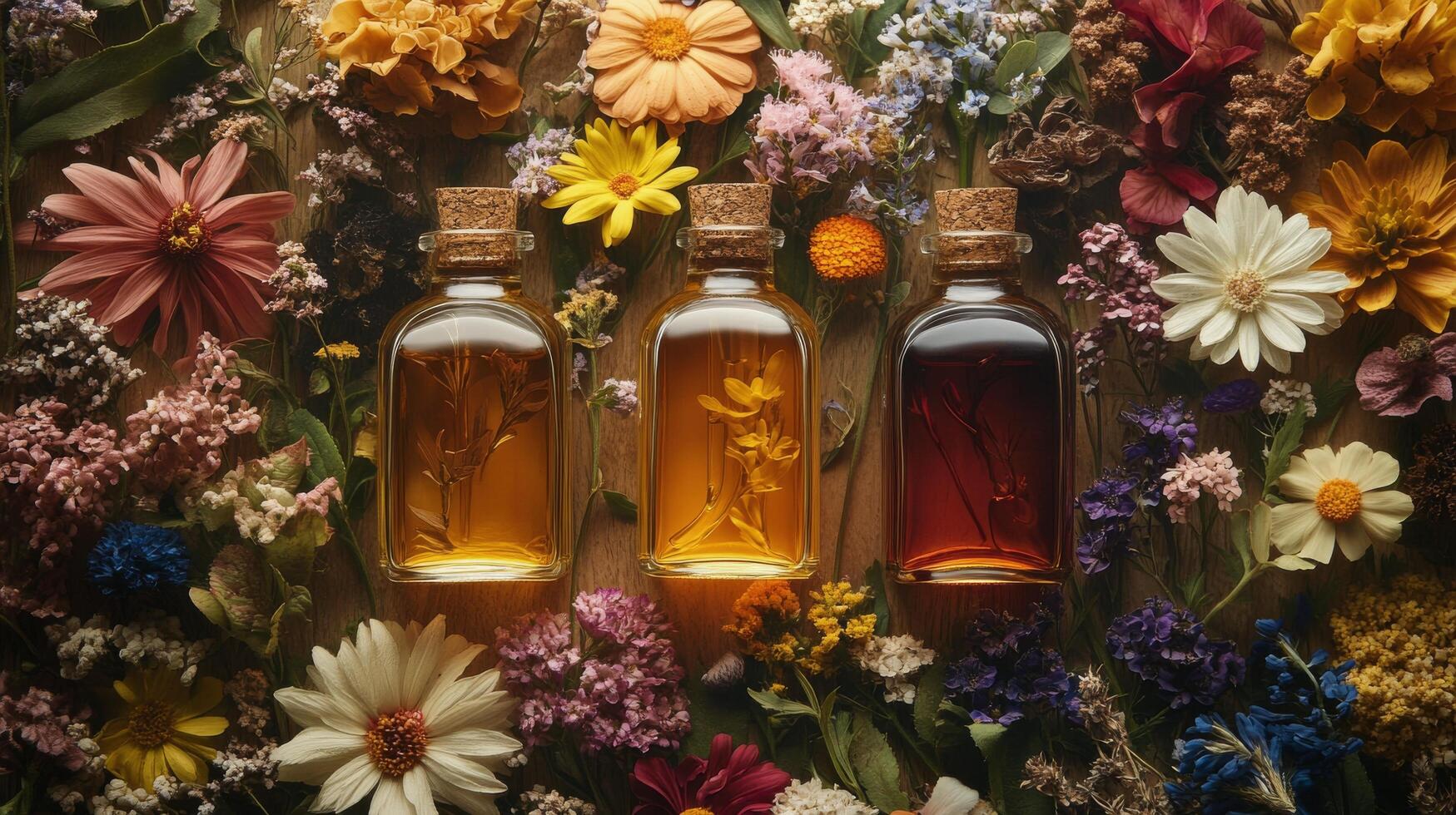 Three glass bottles containing colorful herbal oils are placed among a variety of fresh flowers photo