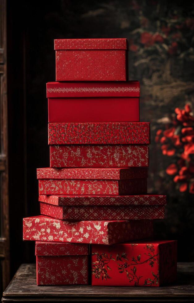 A stack of beautifully designed red gift boxes with intricate patterns in a cozy setting photo