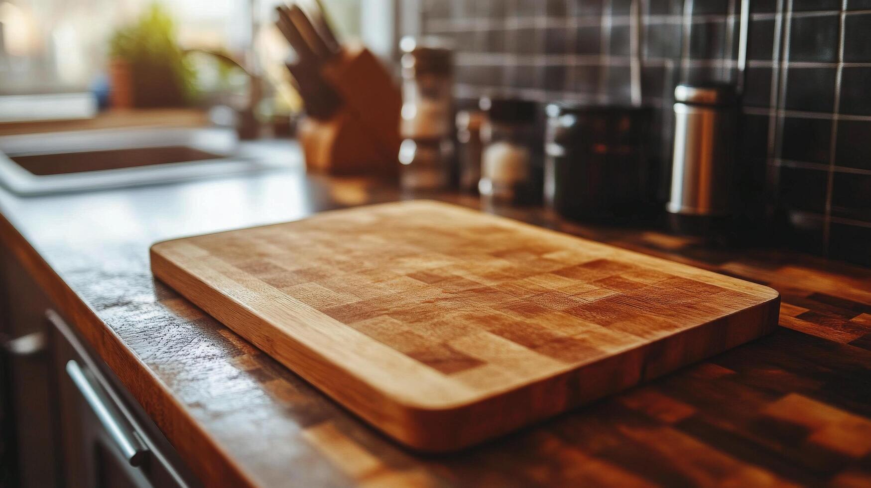 Cozy kitchen with wooden countertop, stove, and various jars in a warm, inviting setting photo