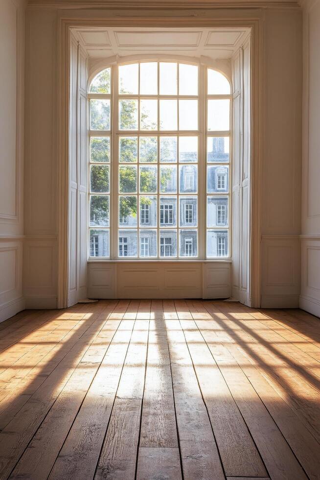 Sunlight streaming through French doors in a rustic room with wooden floors during autumn photo