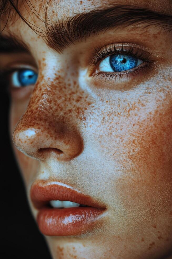 A young woman with striking blue eyes and freckles poses thoughtfully against a dark background photo