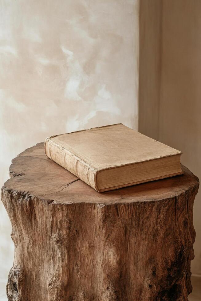 A vintage book resting on a wooden stump in a softly lit interior setting during daylight photo