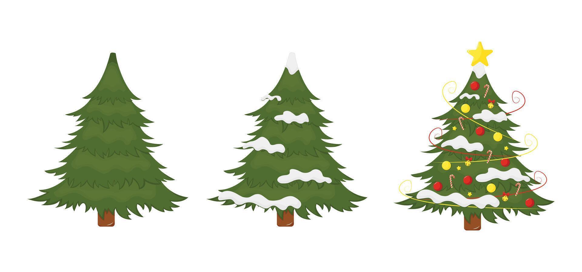 Decorated christmas tree in snow, with decorations. Green fluffy christmas pine. Isolated a white background for card, postcard, cover. EPS 10 vector