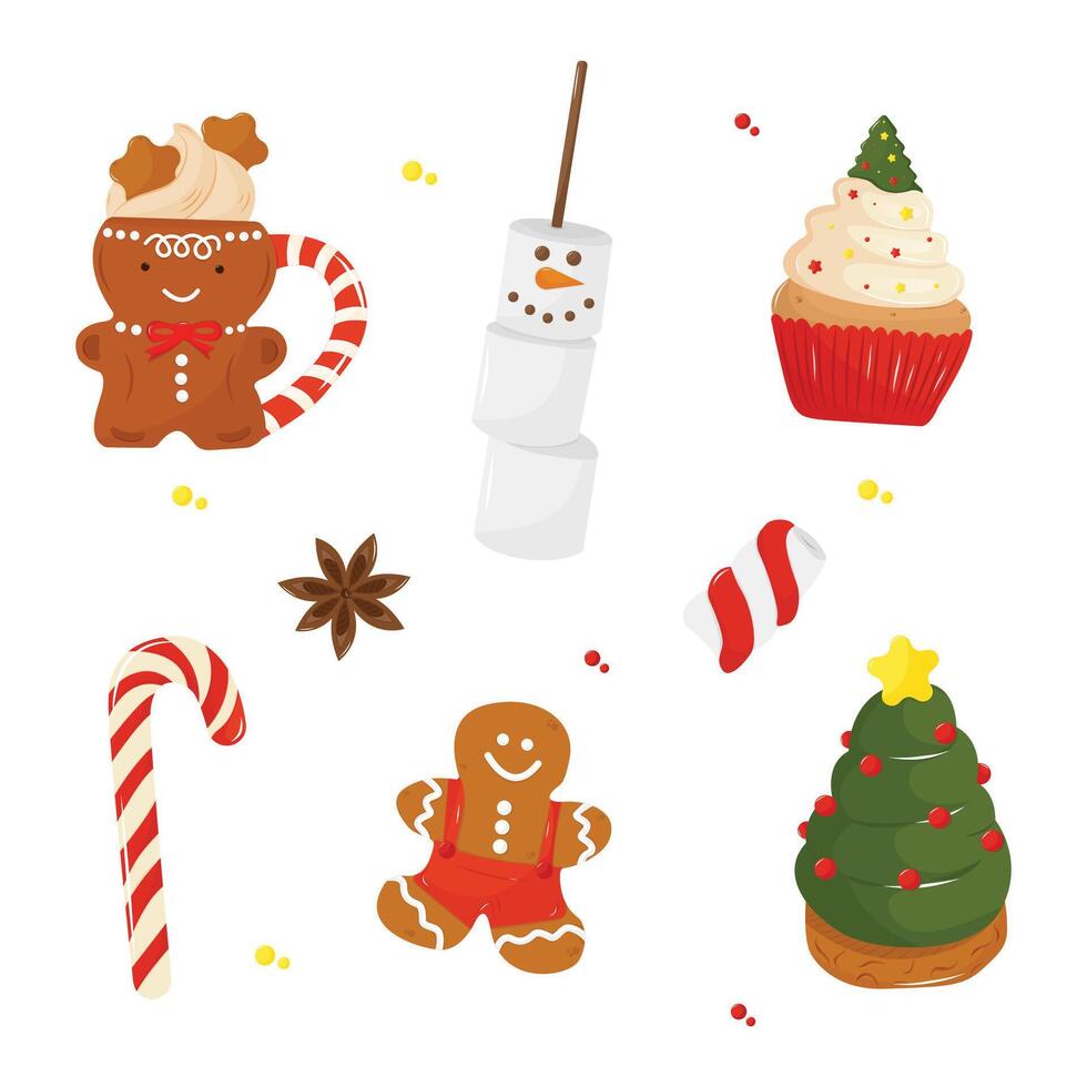 Collection of desserts and drinks, including lollipop, cupcakes, and gingerbread. Isolated a white background for card, postcard, cover. EPS 10 vector