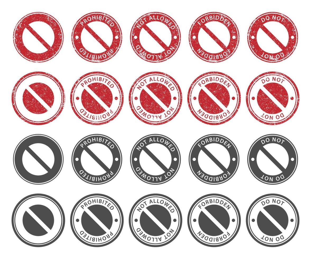 Ban sign grunge stamp, Prohibited circle sign, Ban icon, Prohibition red icon, Red circle with cross line symbol. Caution frame symbol. Forbidden stop sign. prohibition collection illustration. vector
