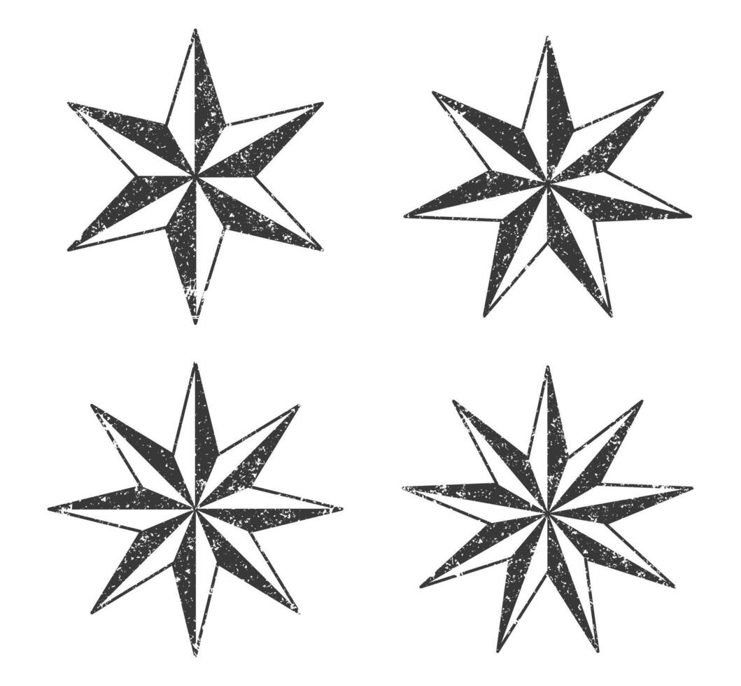 Nautical star grunge stamp icon symbol set. 6, 7, 8 and 9 horns nautical stars logo sign collection. Wind rose. illustration. Isolated on white background. vector