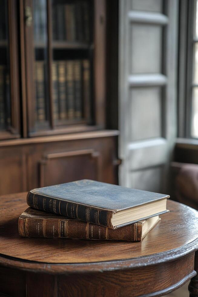 An antique book resting on a wooden table in a lush forest during sunset light photo