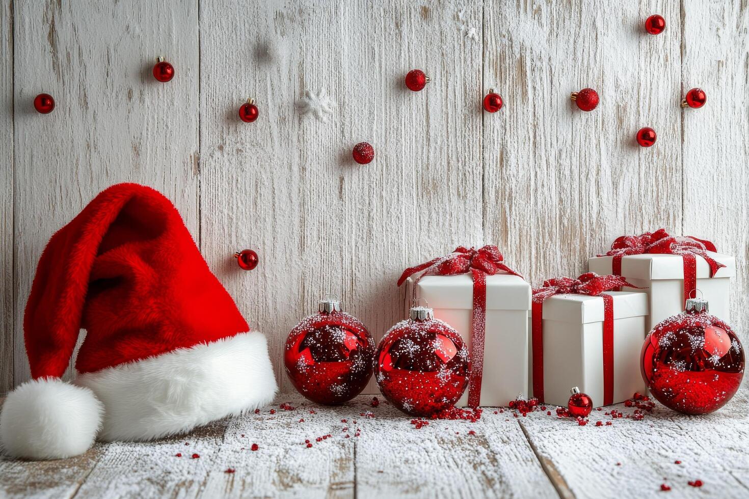 Festive holiday decorations with a Santa hat and wrapped presents arranged under a snowy tree photo