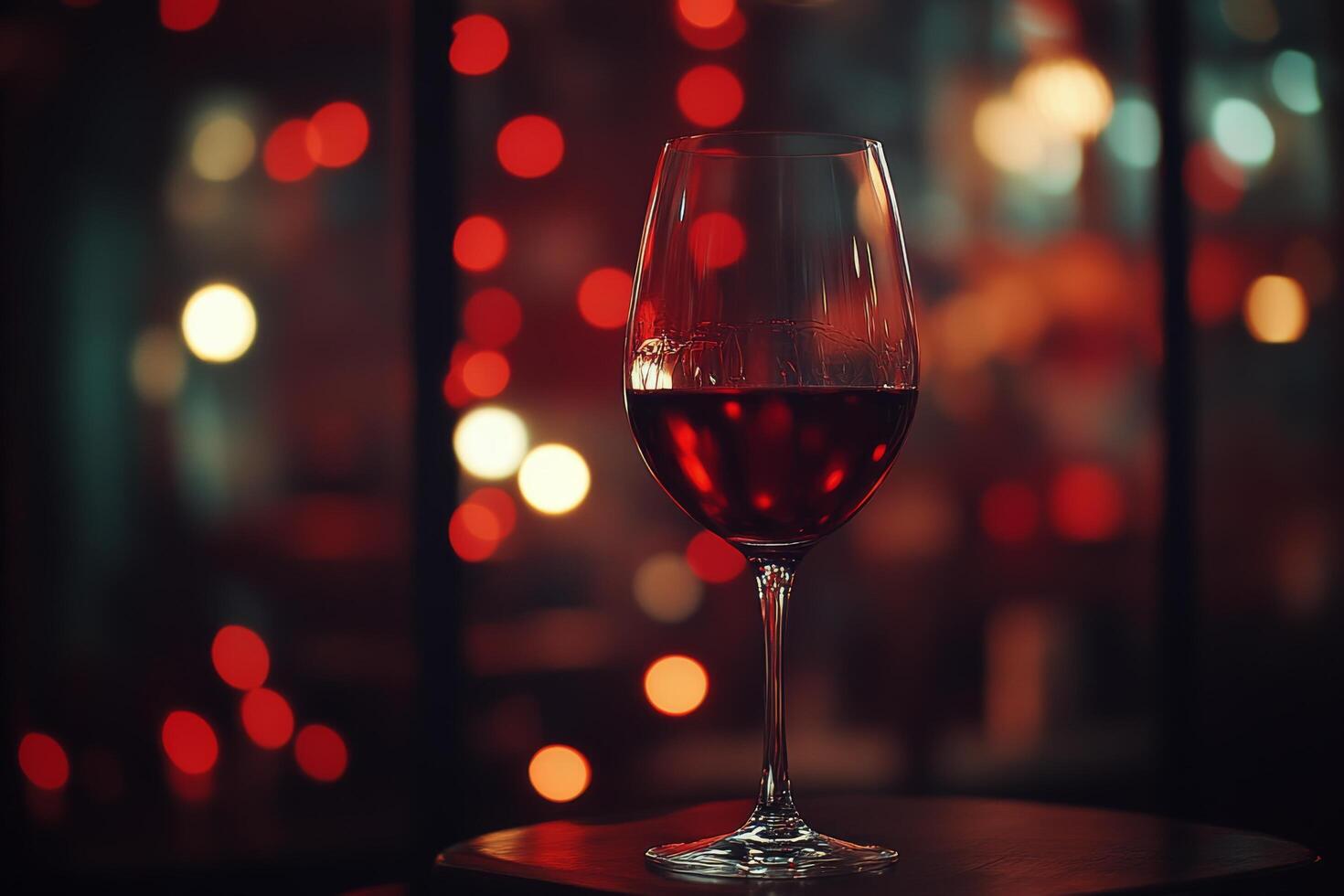 A glass of red wine on a table with warm lights creating a cozy atmosphere in an evening setting photo