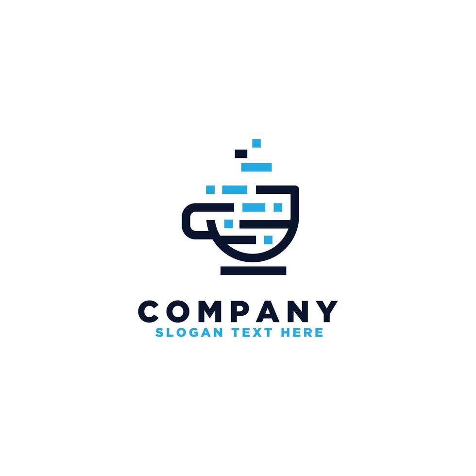 coffee technology logo design. coffee cup and data technology symbol in modern minimalist style vector