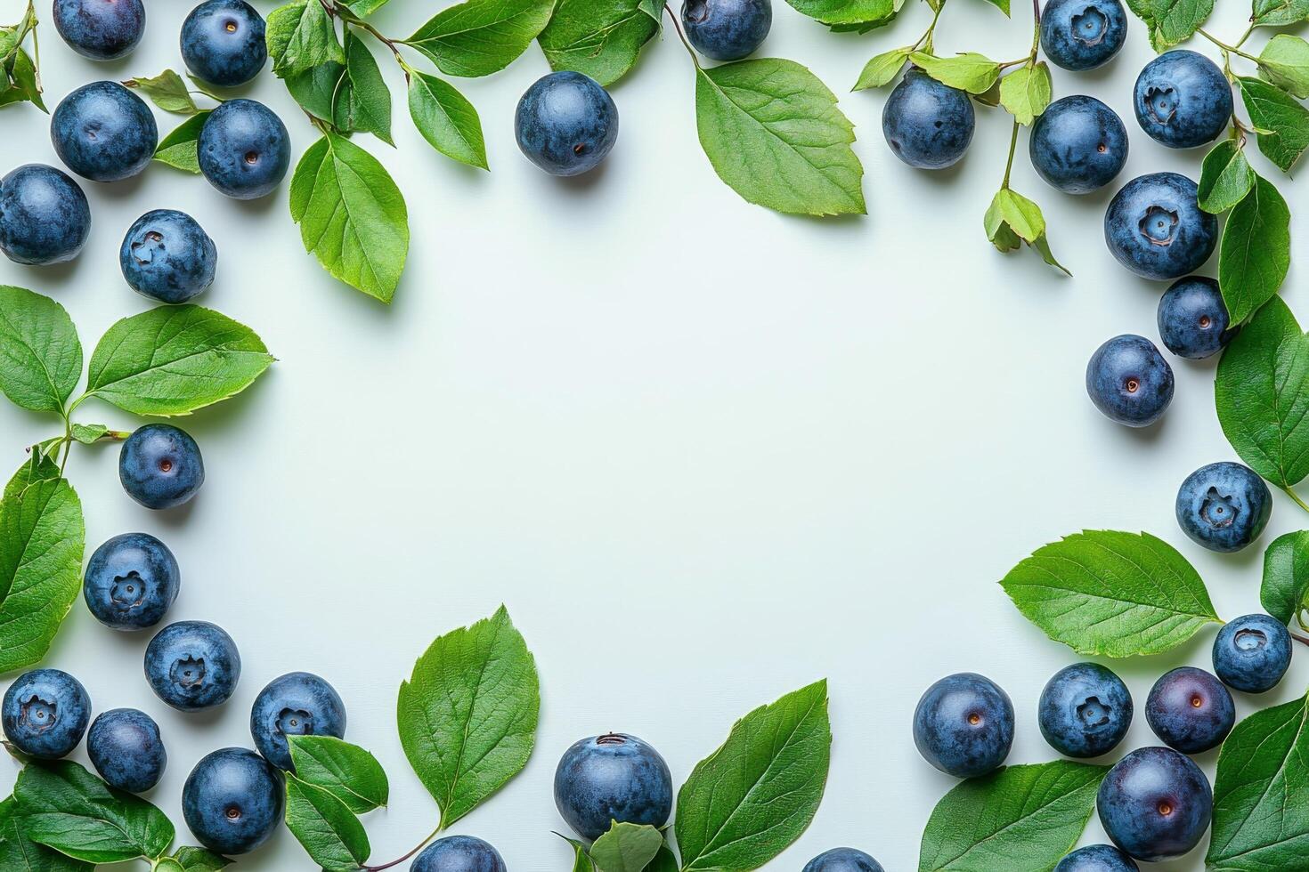 Fresh blueberries and green leaves arranged in a circular pattern on a light background photo