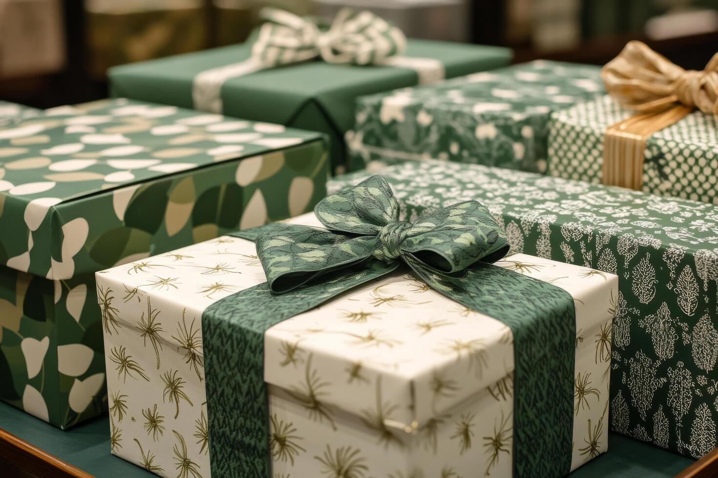 Elegant wrapped gifts arranged on display for festive occasions in a cozy store setting photo