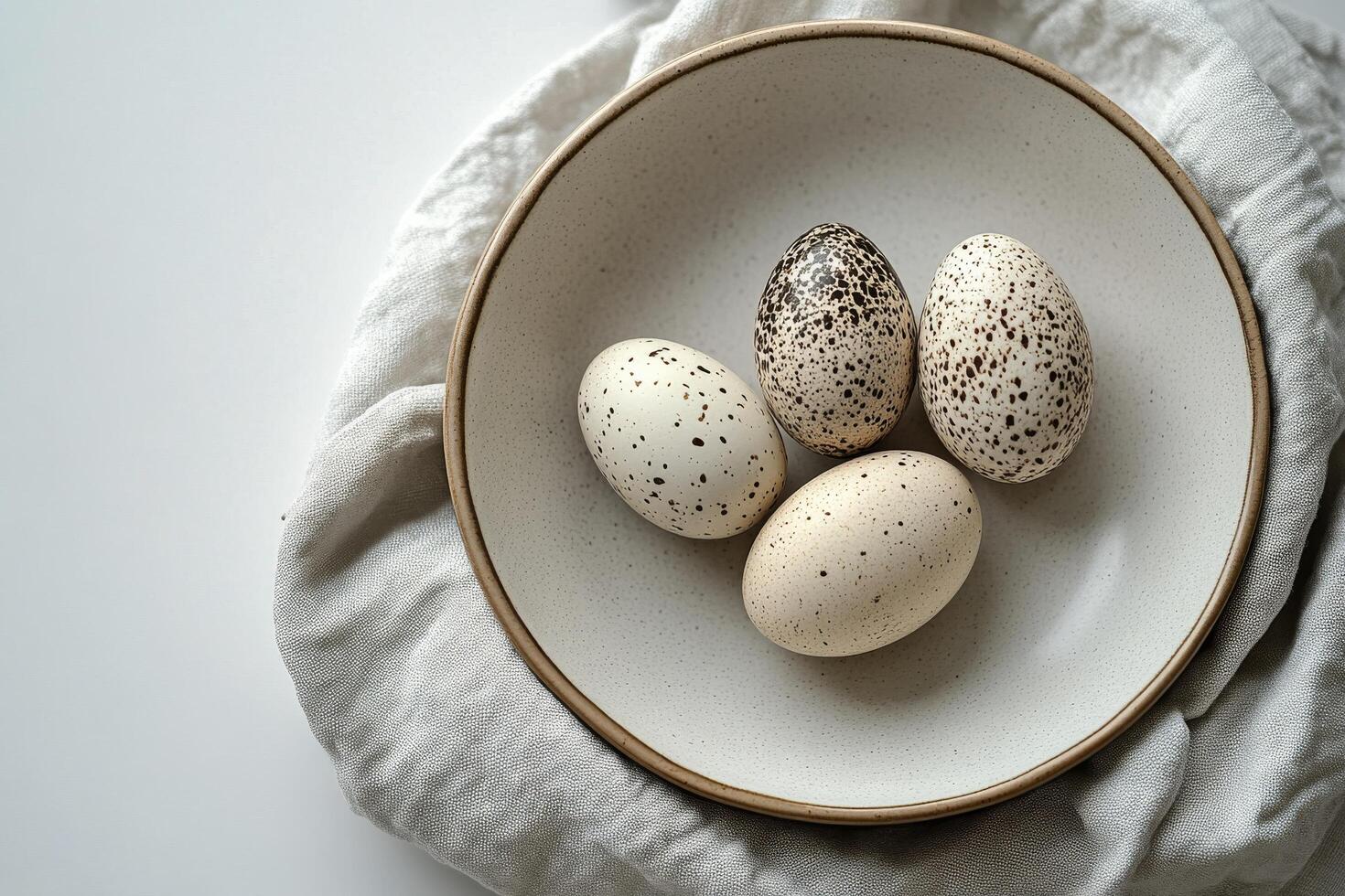 A collection of decorative eggs in a bowl on a soft fabric surface in natural light photo