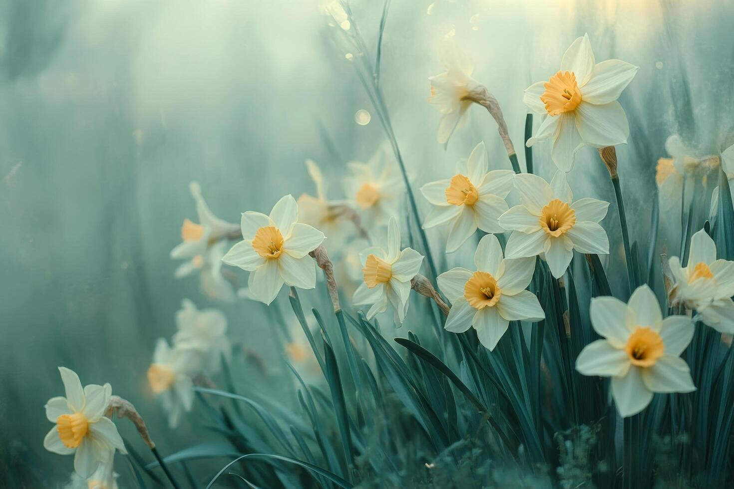 Daffodils bloom in a serene meadow during early spring sunlight creating a peaceful atmosphere photo