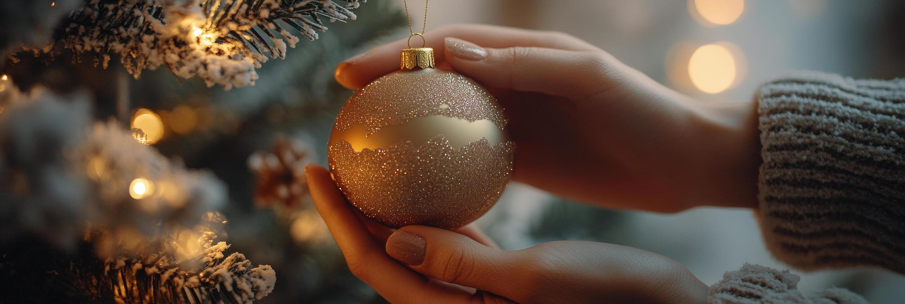 Two hands exchanging a gold ornament while decorating a Christmas tree in a warmly lit room photo
