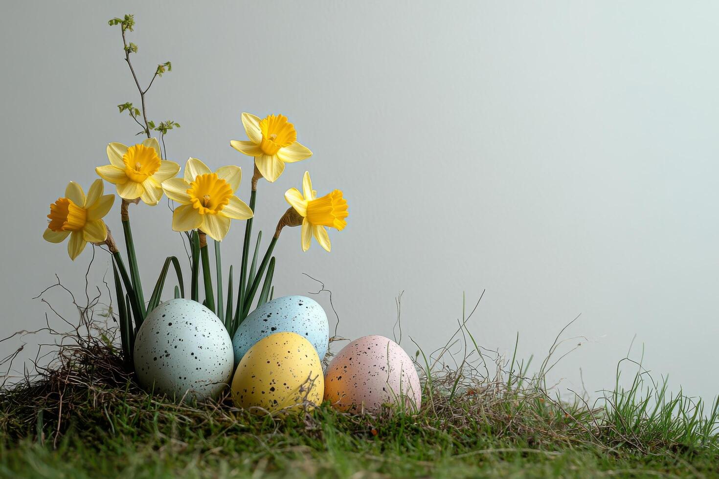 Colorful Easter eggs nestled among blooming daffodils in springtime garden setting photo
