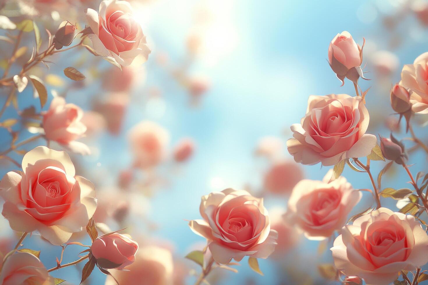 Beautiful pink roses blooming in a sunny garden during springtime with soft bokeh background photo