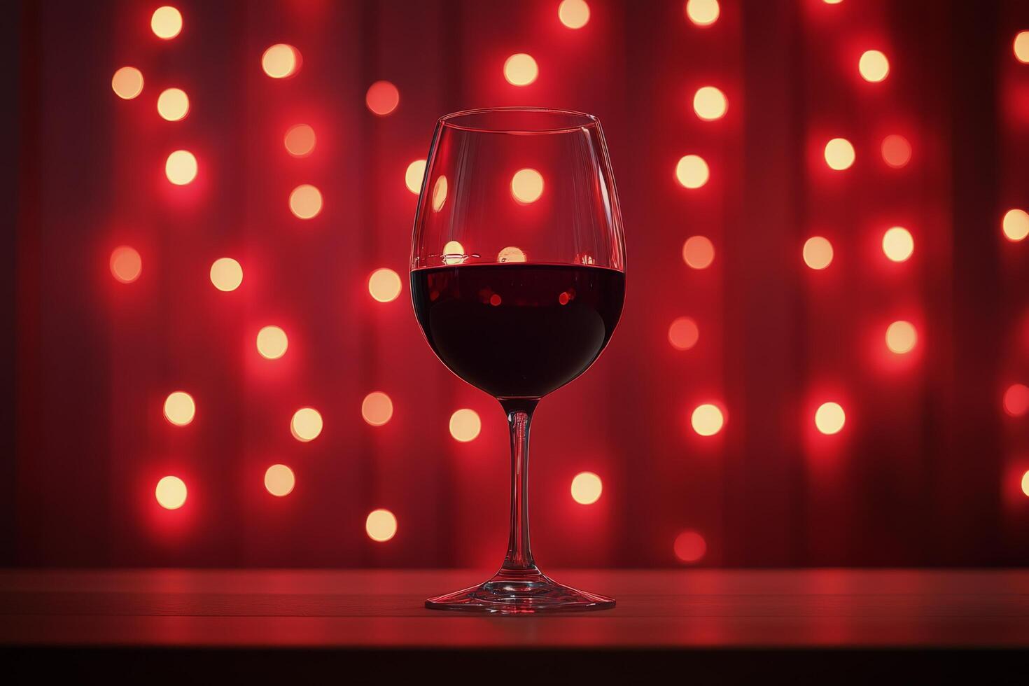 A glass of red wine stands elegantly against a backdrop of glowing red lights photo