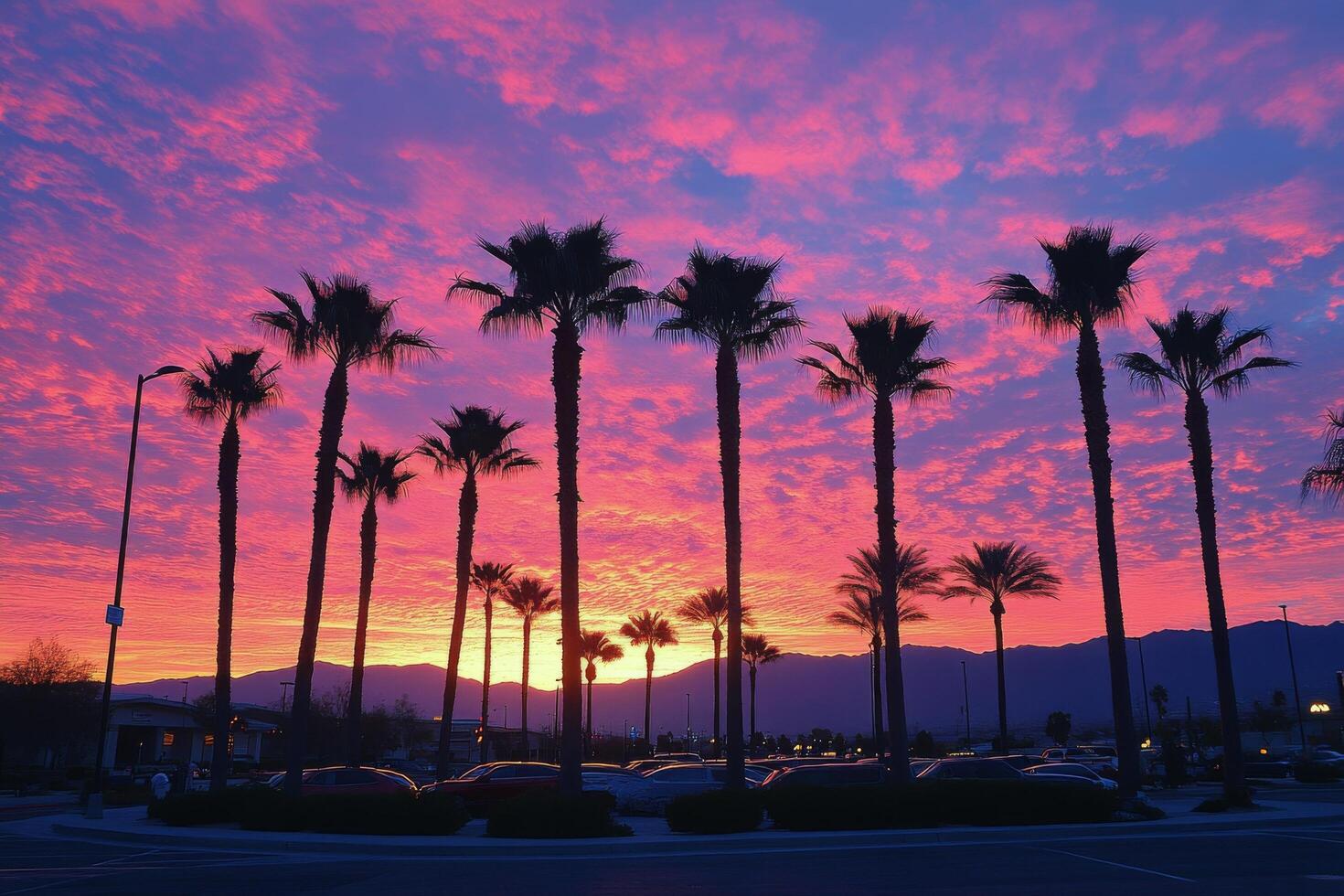 Colorful sunset over a tranquil pond with palm trees silhouetted in a vibrant sky photo