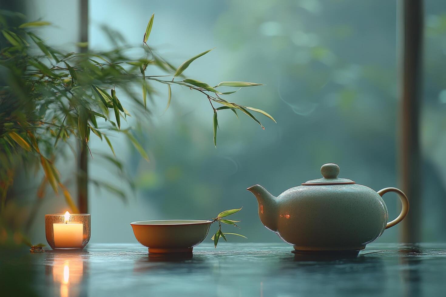 Serene tea setup with a teapot and bowl beside a candle and bamboo in a peaceful environment photo