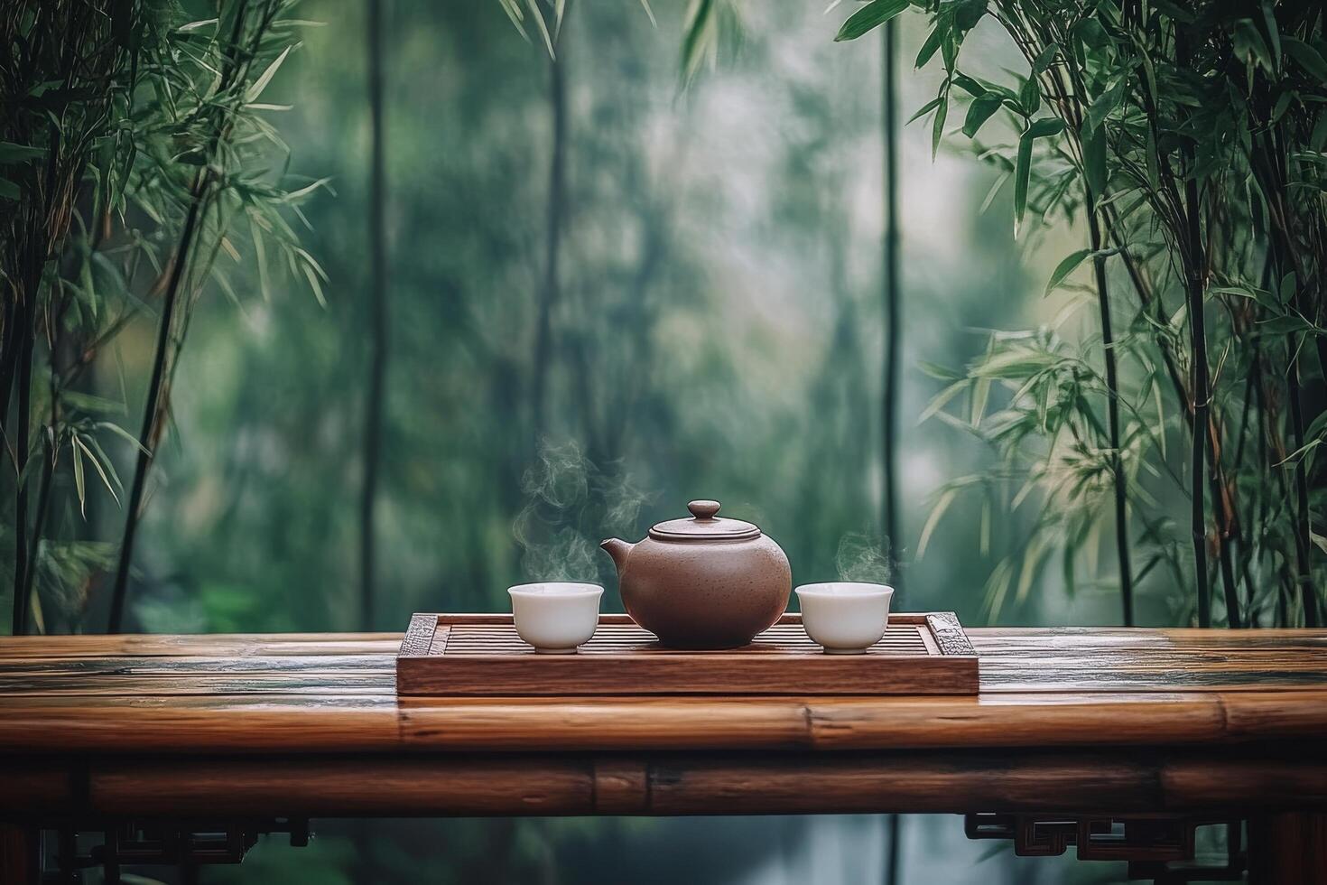 Tranquil tea setup with teapot and cups surrounded by lush greenery in a peaceful setting photo