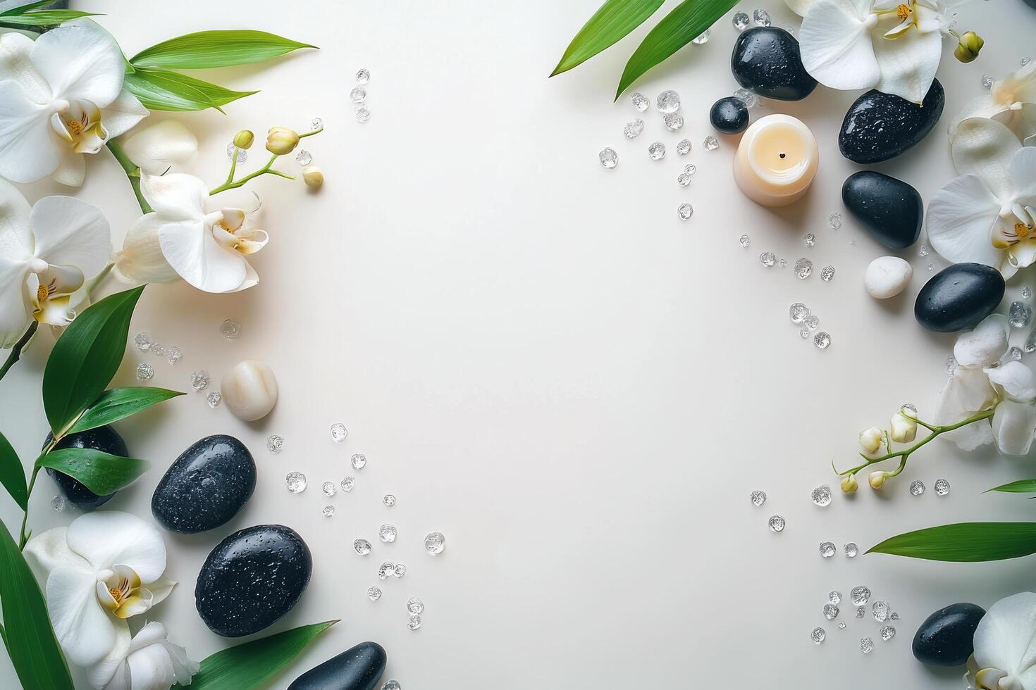 A serene arrangement of orchids, stones, and a candle on a textured surface in a tranquil setting photo