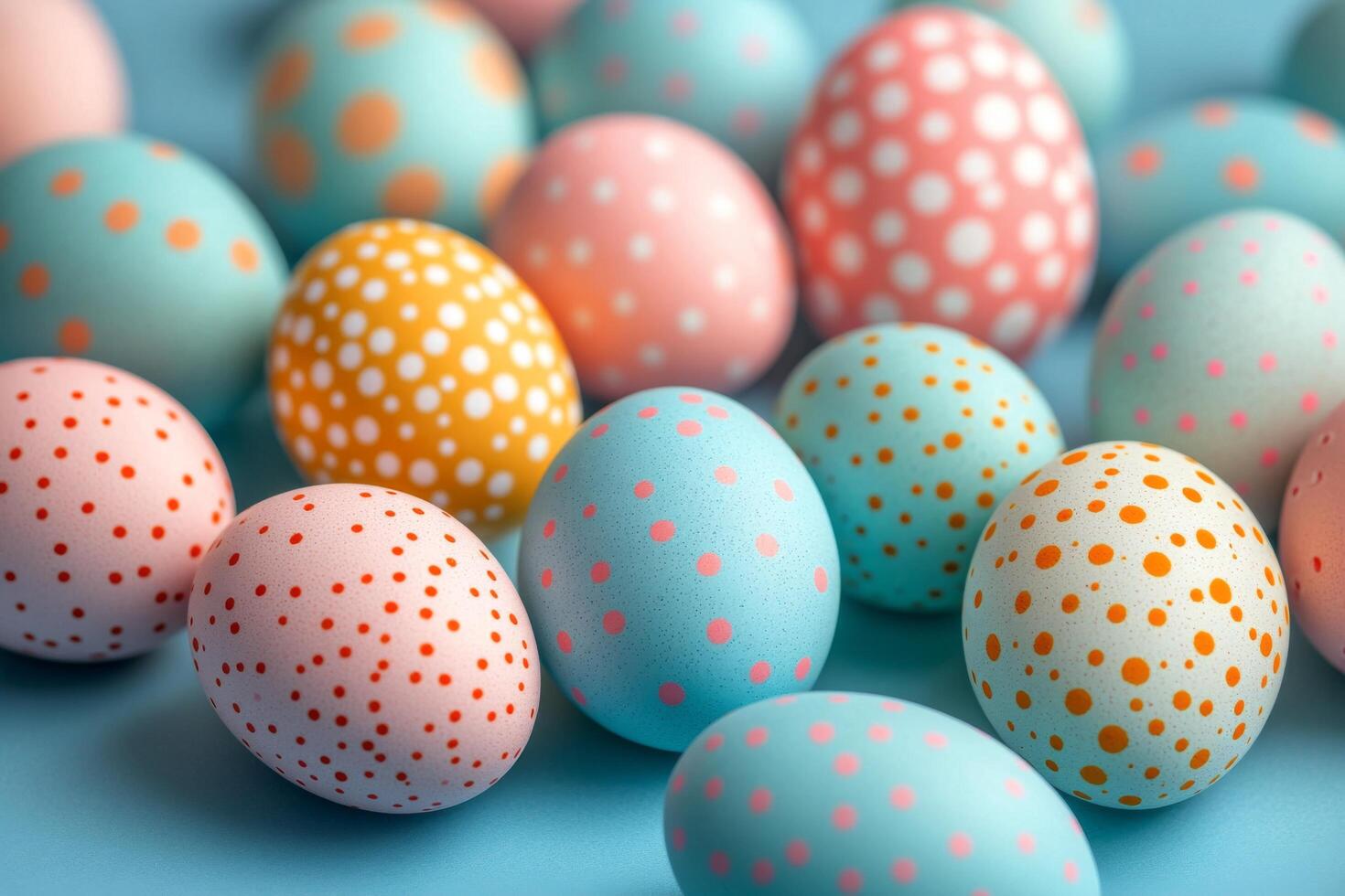 Colorful Easter eggs scattered on a blue surface during spring festivities in a cheerful setting photo
