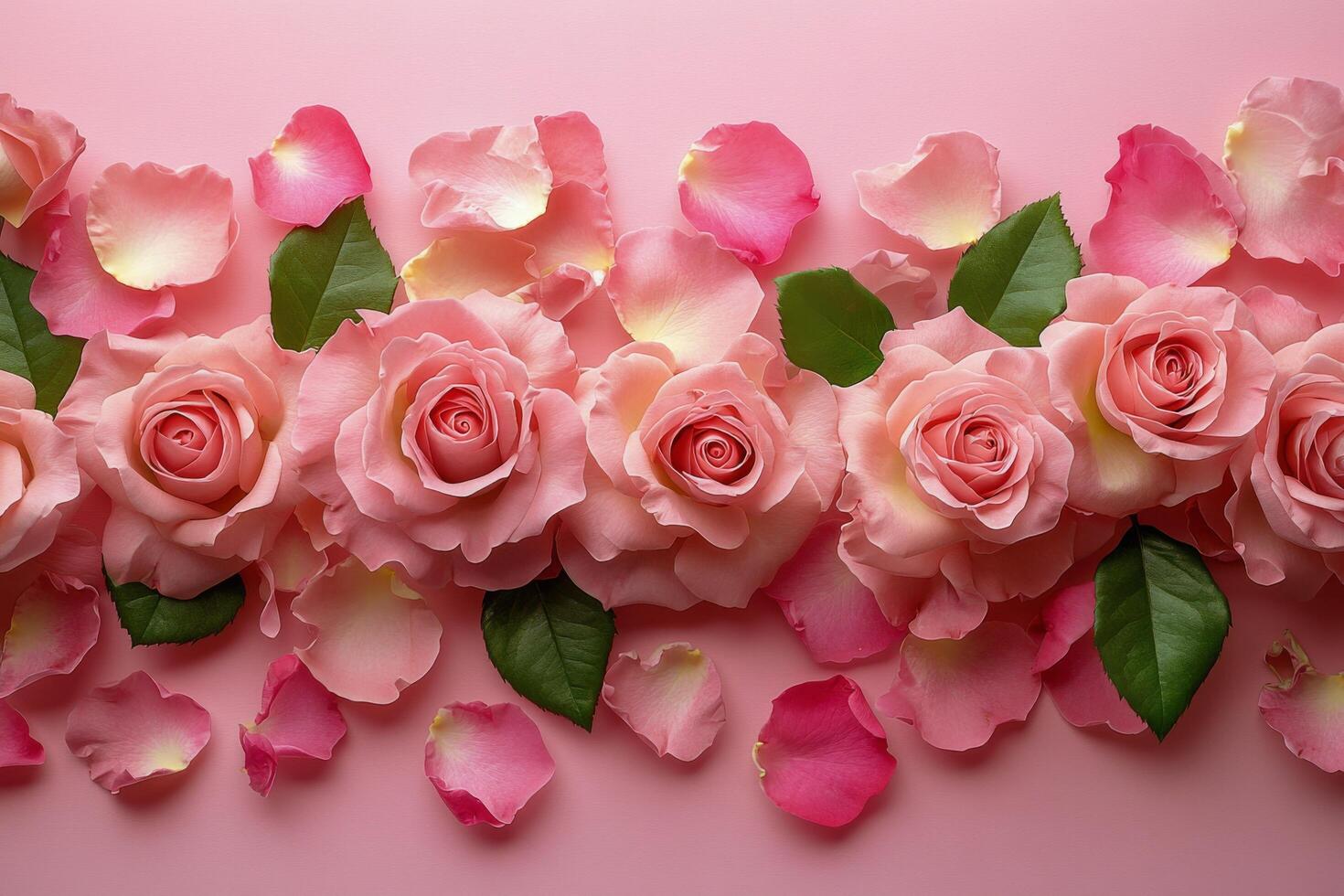 Delicate pink roses arranged with petals on a soft pink background for a romantic display photo