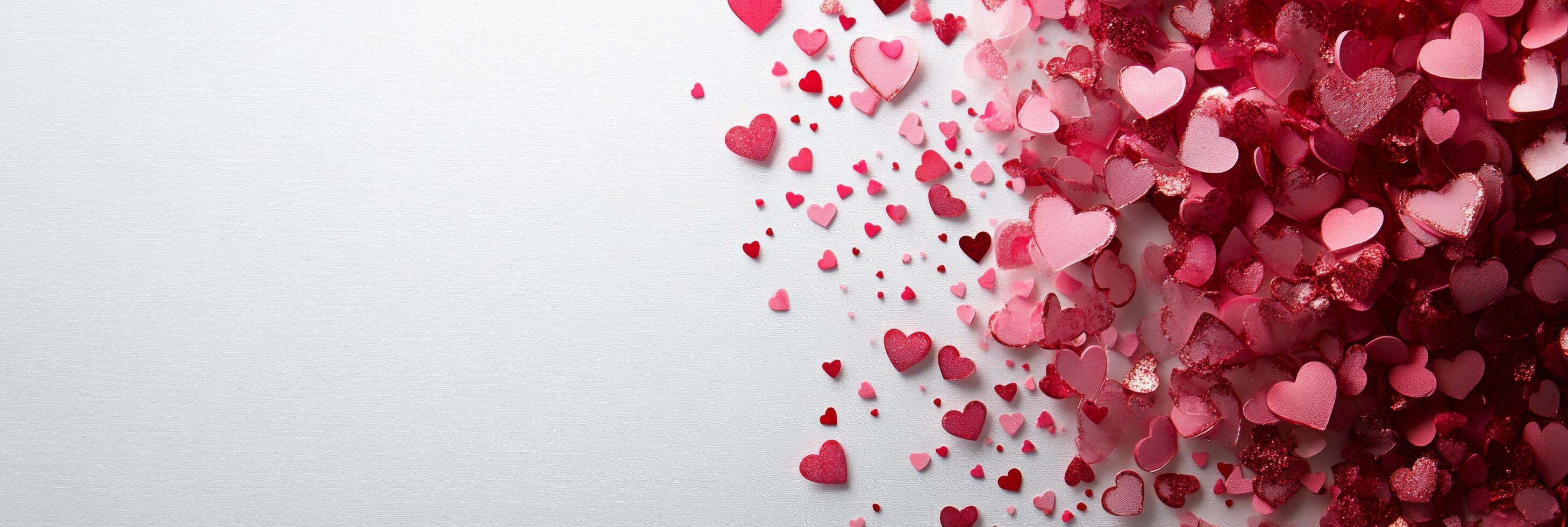 Colorful heart shaped confetti dispersing across a light background in a festive celebration photo