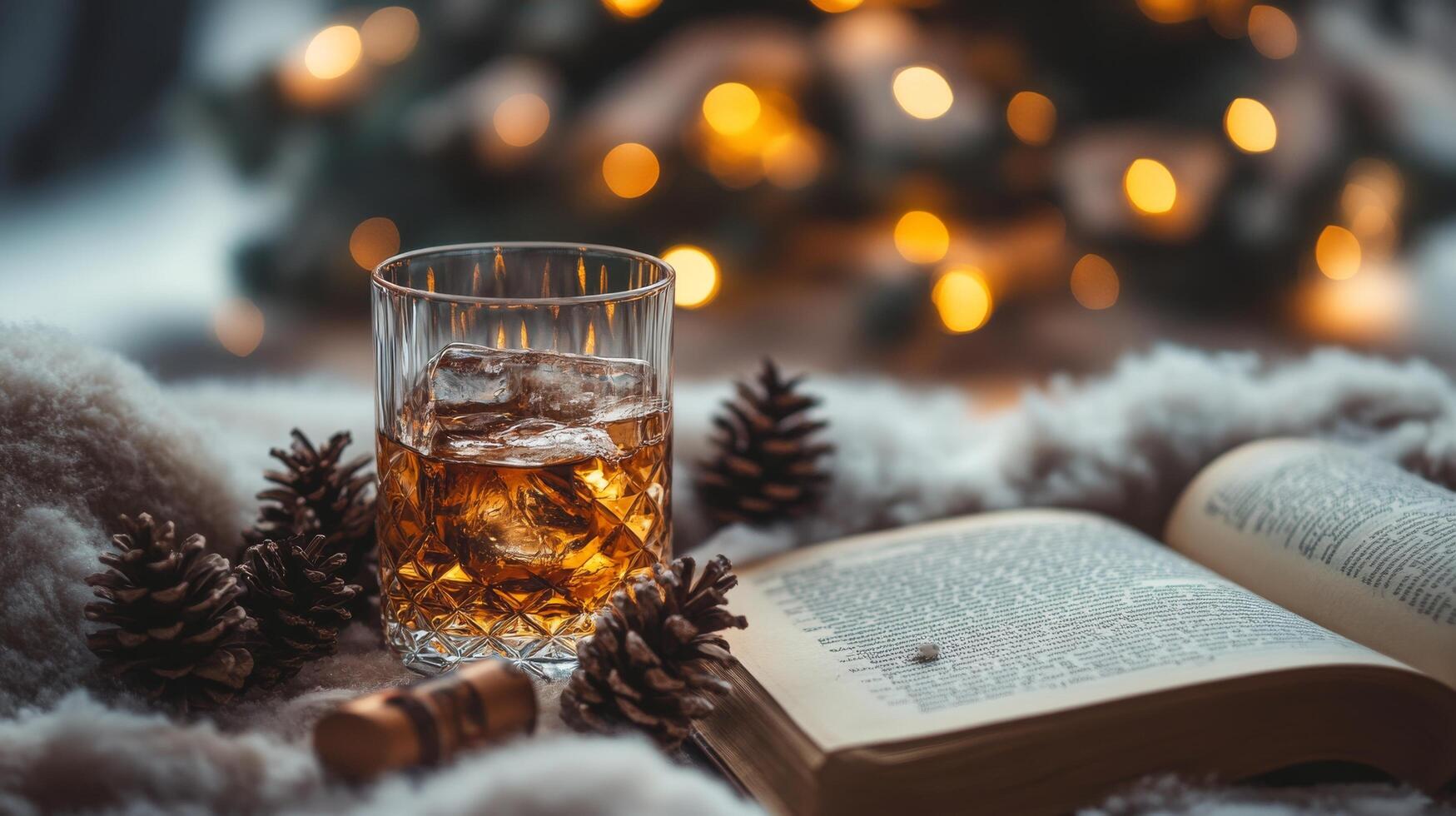 Cozy evening with a book, whiskey, and festive decorations during winter holidays photo