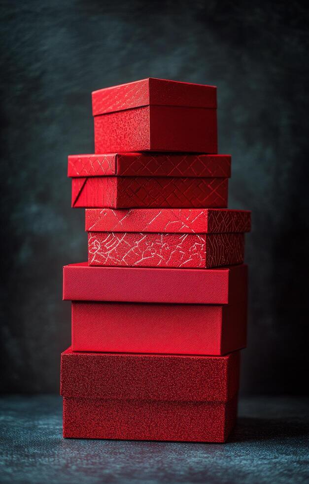 A stack of beautifully designed red gift boxes with intricate patterns in a cozy setting photo