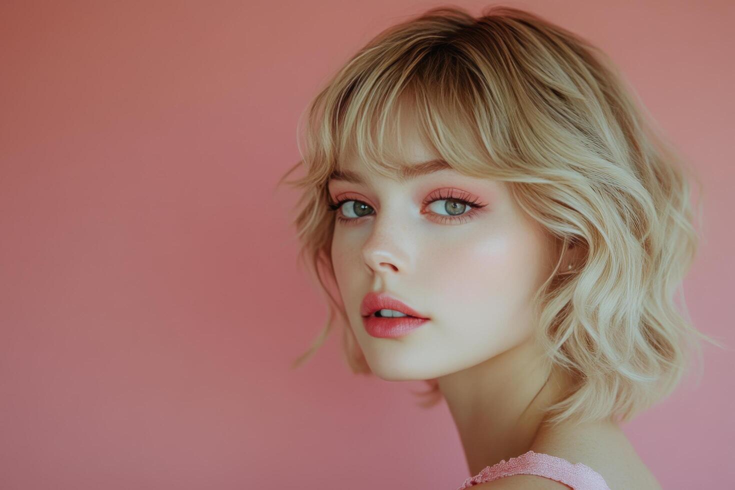 Young woman with short blonde hair poses in front of a pastel pink background during daylight photo