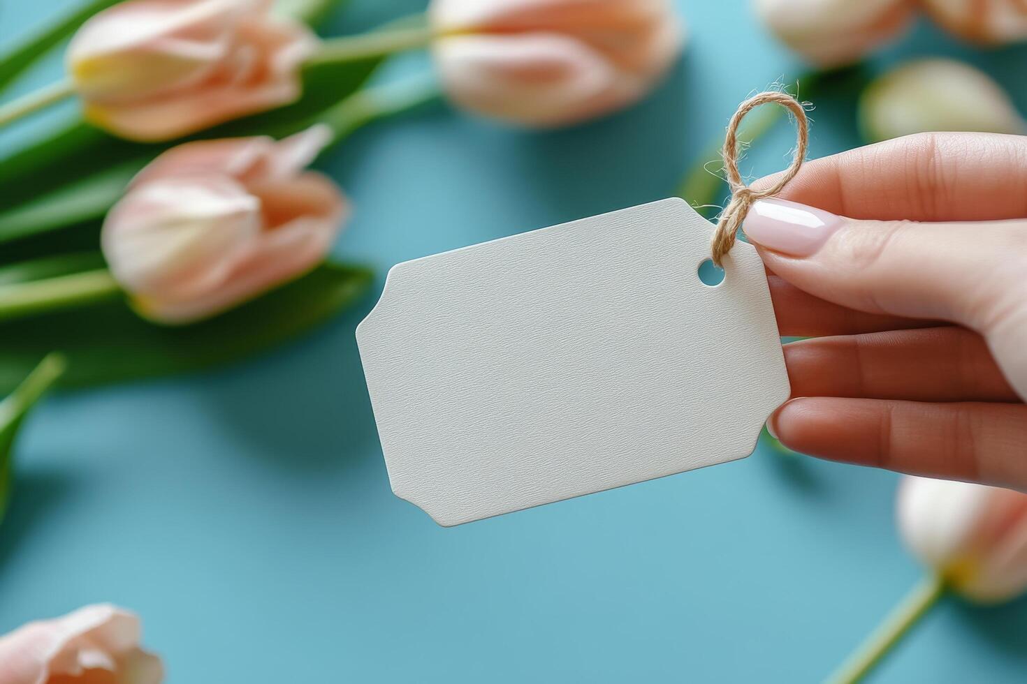 Hand holding a blank tag beside a bouquet of pink tulips against a blue background photo
