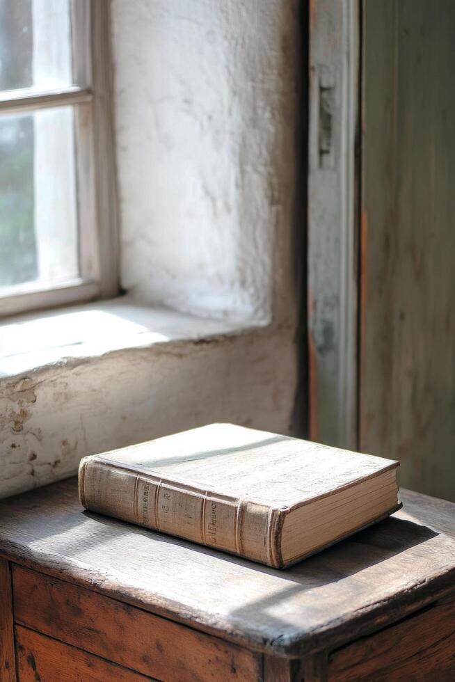 An open book resting on a wooden table in a quiet library with stained glass windows photo