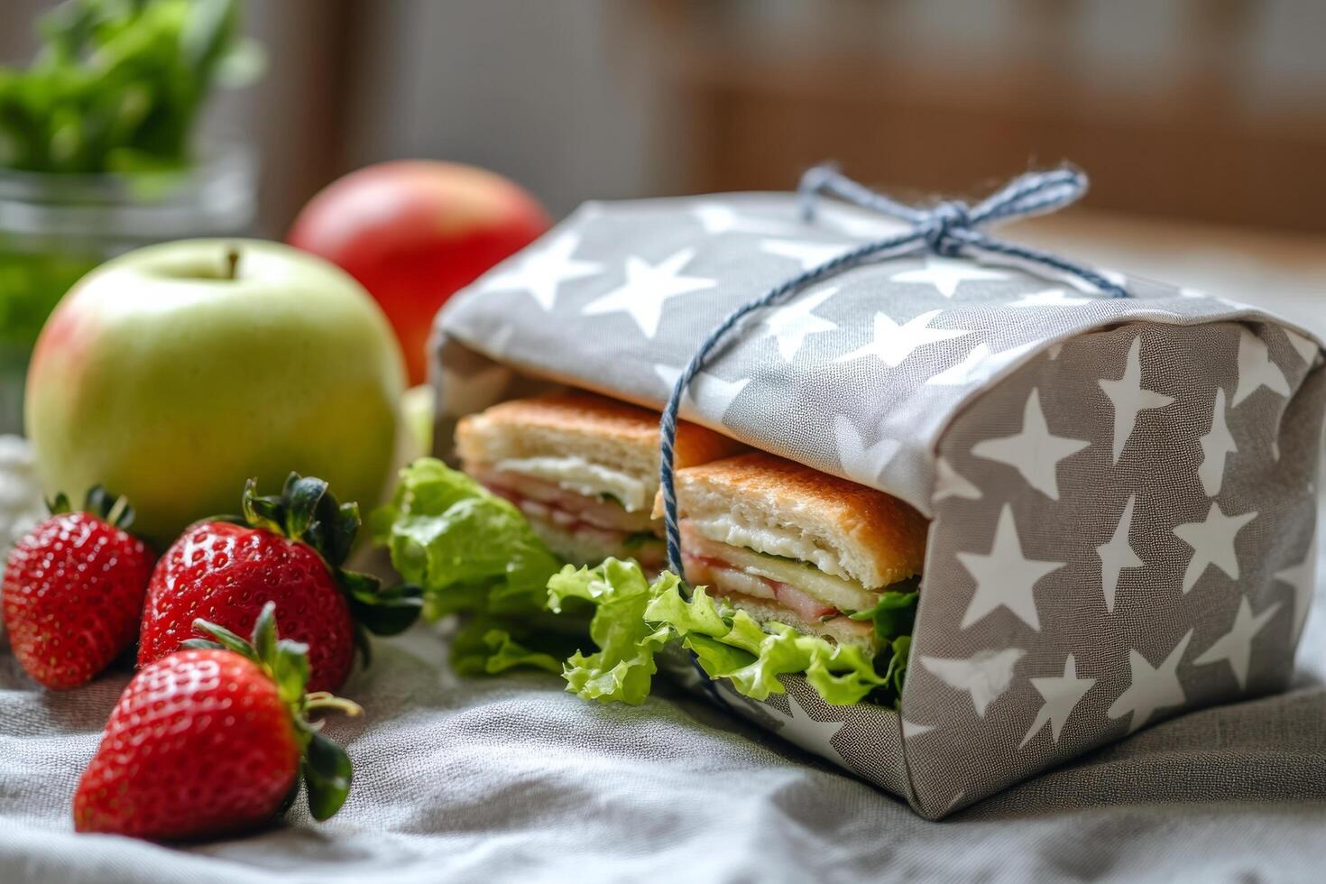 Freshly wrapped sandwich with strawberries and lettuce on a textured cloth in a bright kitchen photo