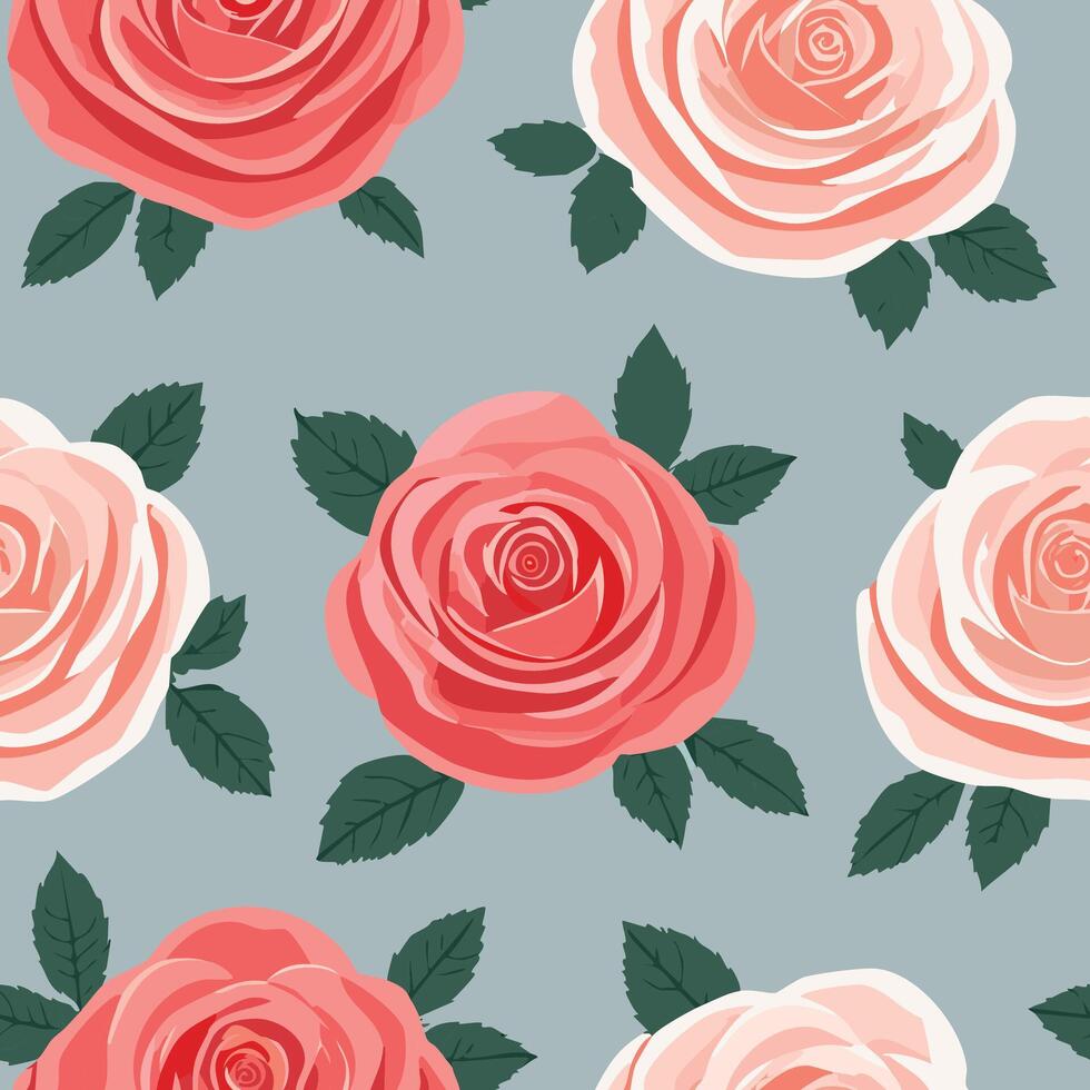 Seamless pattern with red and pink roses on a soft gray background with green leaves for elegant designs. Floral vintage wallpaper. Tiles for wallpaper, background, card or fabric, pattern design vector