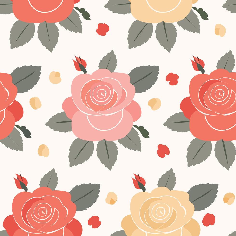 Seamless floral pattern with red, pink, and yellow roses with green leaves on a soft cream background. Floral vintage wallpaper. Tiles for wallpaper, background, card or fabric, pattern design vector