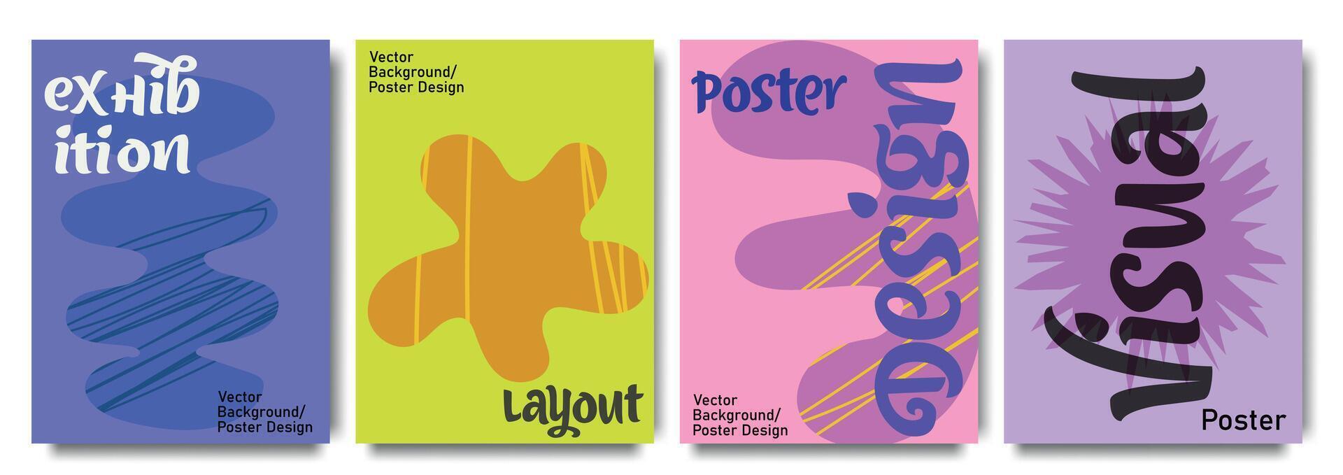 Vibrant exhibition poster set with abstract layouts and modern typography for creative visual projects. Design for celebration, ads, branding, banner, cover, label, poster vector