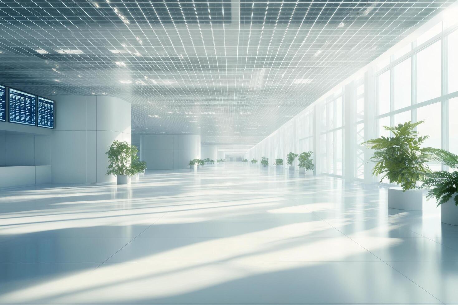 Modern corridor with large windows and plants during daytime at a contemporary building photo